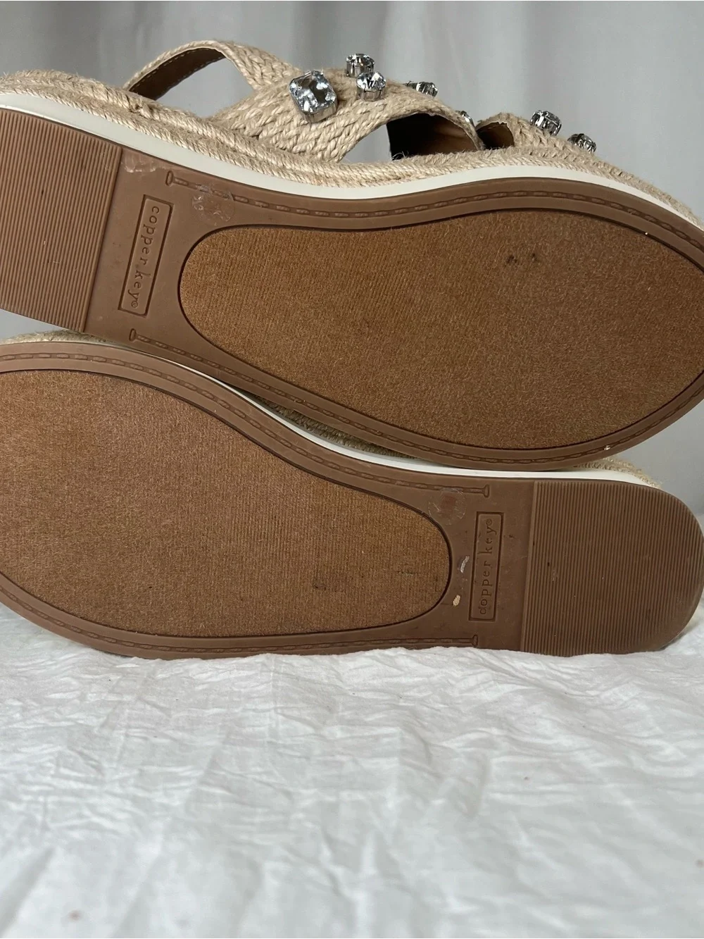 Copper Key Woven Strap Natural Beige Jeweled Platform Espadrille Sandals sz9.5